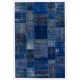 Blue Color Handmade Patchwork Rug Made from Over-Dyed Vintage Carpets