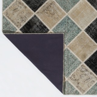 Vintage Black and Blue Geometric Patchwork Rug for Living Room, Bedroom and Entryway | Hand-Knotted Turkish Wool Carpet Vintage Black and Blue Geometric Patchwork Rug for Living Room, Bedroom and Entryway | Hand-Knotted Turkish Wool Carpet