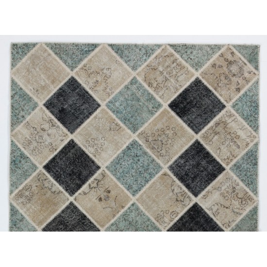 Handmade Central Anatolian Patchwork Rug in Light Blue, Black and Beige Colors. Contemporary Wool Carpet