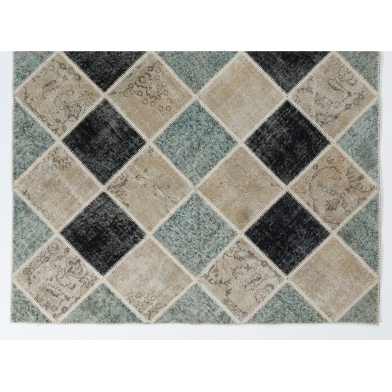 Handmade Central Anatolian Patchwork Rug in Light Blue, Black and Beige Colors. Contemporary Wool Carpet