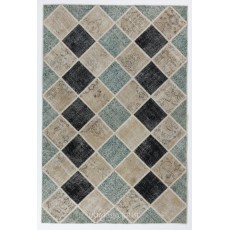 Handmade Central Anatolian Patchwork Rug in Light Blue, Black and Beige Colors. Contemporary Wool Carpet