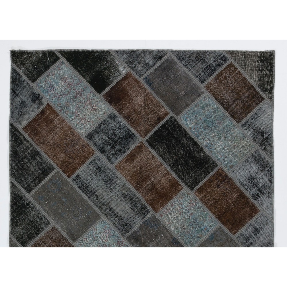 Modern Handmade Turkish Wool Patchwork Rug in Brown, Black, Gray and Blue Colors