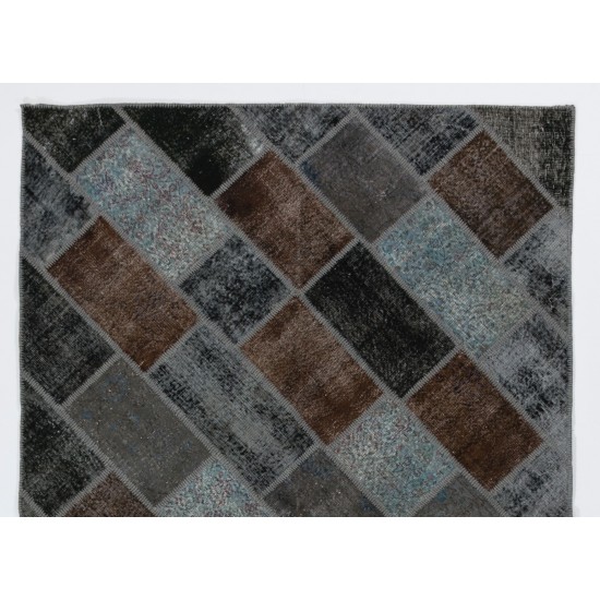 Handmade Central Anatolian Patchwork Rug in in Brown, Gray, Black & Light Blue Colors, Traditional Wool Carpet