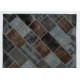 Modern Handmade Turkish Wool Patchwork Rug in Brown, Black, Gray and Blue Colors