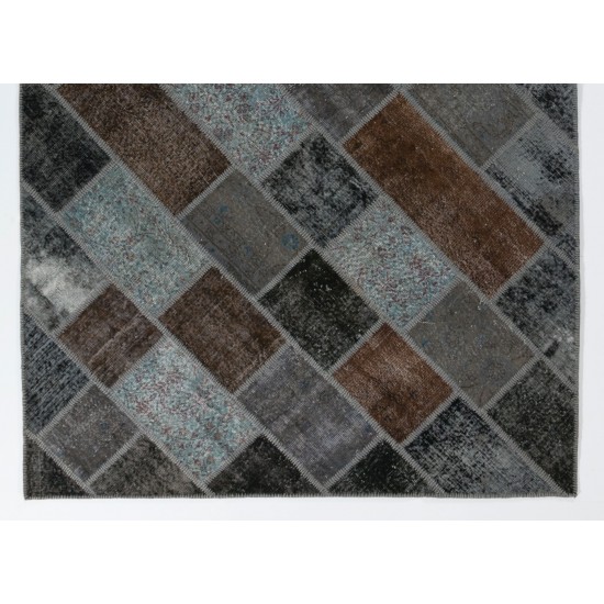 Handmade Central Anatolian Patchwork Rug in in Brown, Gray, Black & Light Blue Colors, Traditional Wool Carpet