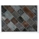 Modern Handmade Turkish Wool Patchwork Rug in Brown, Black, Gray and Blue Colors