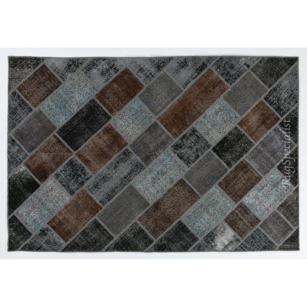 Modern Handmade Turkish Wool Patchwork Rug in Brown, Black, Gray and Blue Colors