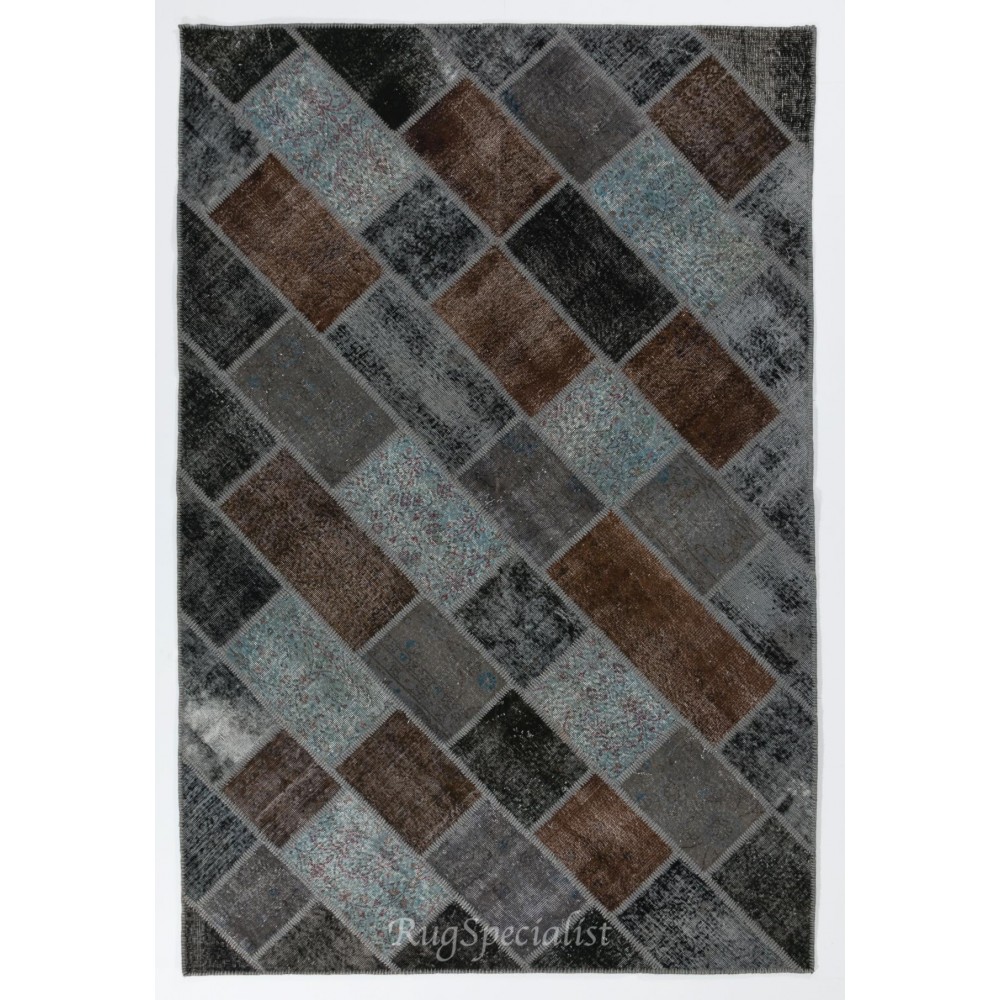 Modern Handmade Turkish Wool Patchwork Rug in Brown, Black, Gray and Blue Colors