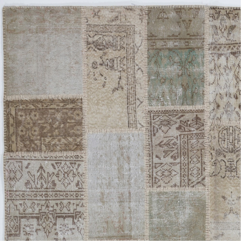Vintage Beige and Sage Green Patchwork Rug | Hand-Knotted Turkish Wool Carpet for Living Room, Bedroom and Home Office Vintage Beige and Sage Green Patchwork Rug | Hand-Knotted Turkish Wool Carpet for Living Room, Bedroom and Home Office