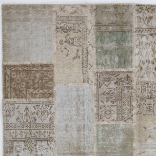 Vintage Beige and Sage Green Patchwork Rug | Hand-Knotted Turkish Wool Carpet for Living Room, Bedroom and Home Office Vintage Beige and Sage Green Patchwork Rug | Hand-Knotted Turkish Wool Carpet for Living Room, Bedroom and Home Office