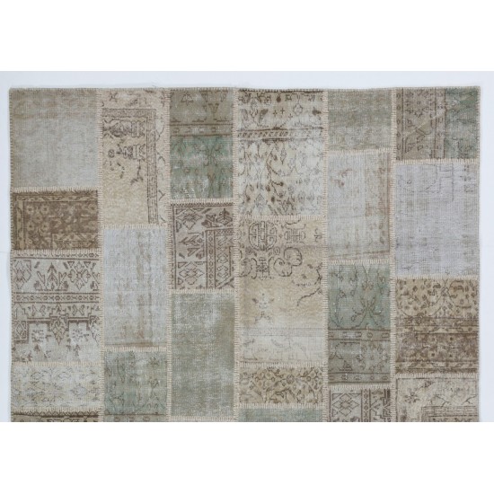 Handmade Patchwork Rug in Muted Colors, Traditional Turkish Wool Carpet for Country Homes, Rustic, Modern Interiors