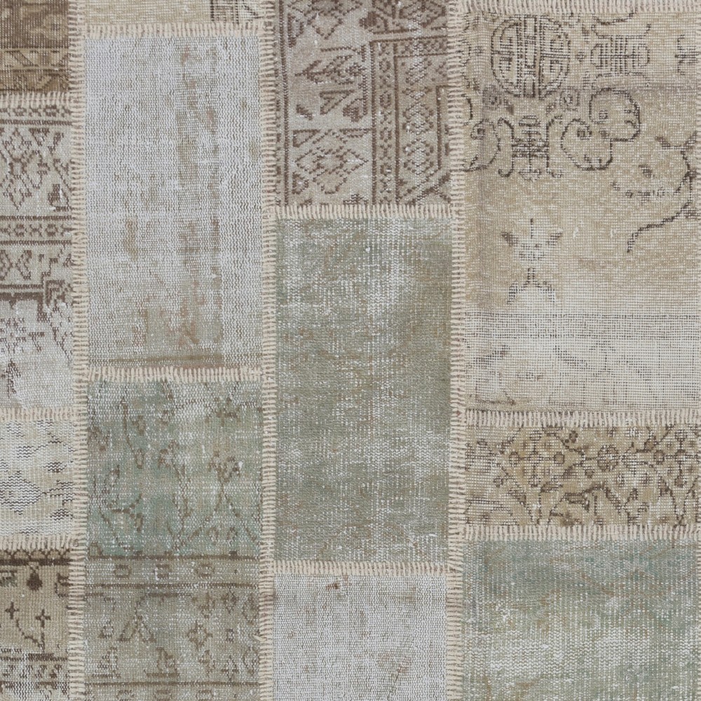 Vintage Beige and Sage Green Patchwork Rug | Hand-Knotted Turkish Wool Carpet for Living Room, Bedroom and Home Office Vintage Beige and Sage Green Patchwork Rug | Hand-Knotted Turkish Wool Carpet for Living Room, Bedroom and Home Office