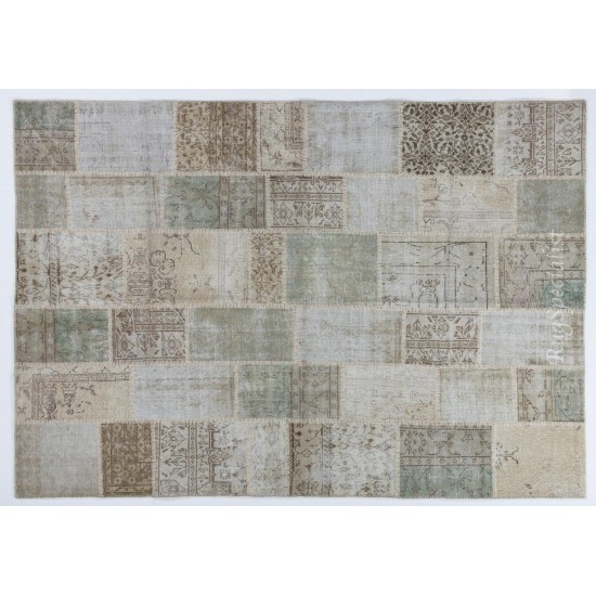 Handmade Patchwork Rug in Muted Colors, Traditional Turkish Wool Carpet for Country Homes, Rustic, Modern Interiors