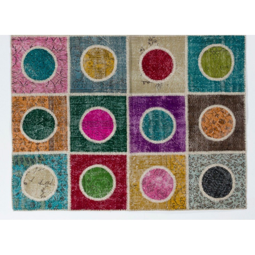 Bohemian Style Colorful Handmade Wool Carpet. Modern Geometric Turkish Patchwork Rug