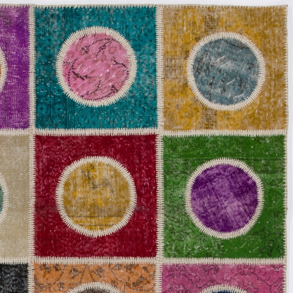 Bohemian Style Colorful Handmade Wool Carpet. Modern Geometric Turkish Patchwork Rug