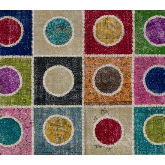 Multicolor Patchwork Rug,  Square and Circles Carpet, Handmade Turkish Floor Covering