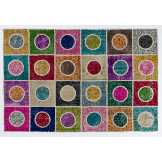 Multicolor Patchwork Rug,  Square and Circles Carpet, Handmade Turkish Floor Covering