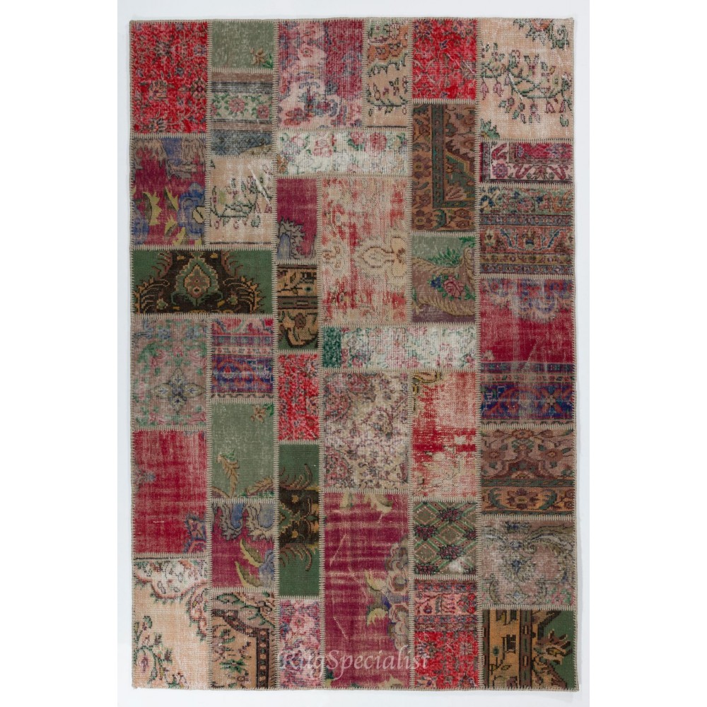 Traditional Handmade Oriental Patchwork Rug for Modern Interiors. Vintage Anatolian Wool Carpet