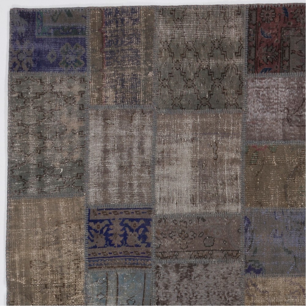 Vintage Gray, Blue and Brown Patchwork Rug | Hand-Knotted Turkish Wool Carpet for Living Room, Home Office and Bedroom Vintage Gray, Blue and Brown Patchwork Rug | Hand-Knotted Turkish Wool Carpet for Living Room, Home Office and Bedroom