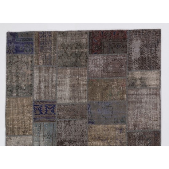 Handmade Central Anatolian Patchwork Rug in Gray & Brown Colors, Traditional Wool Carpet