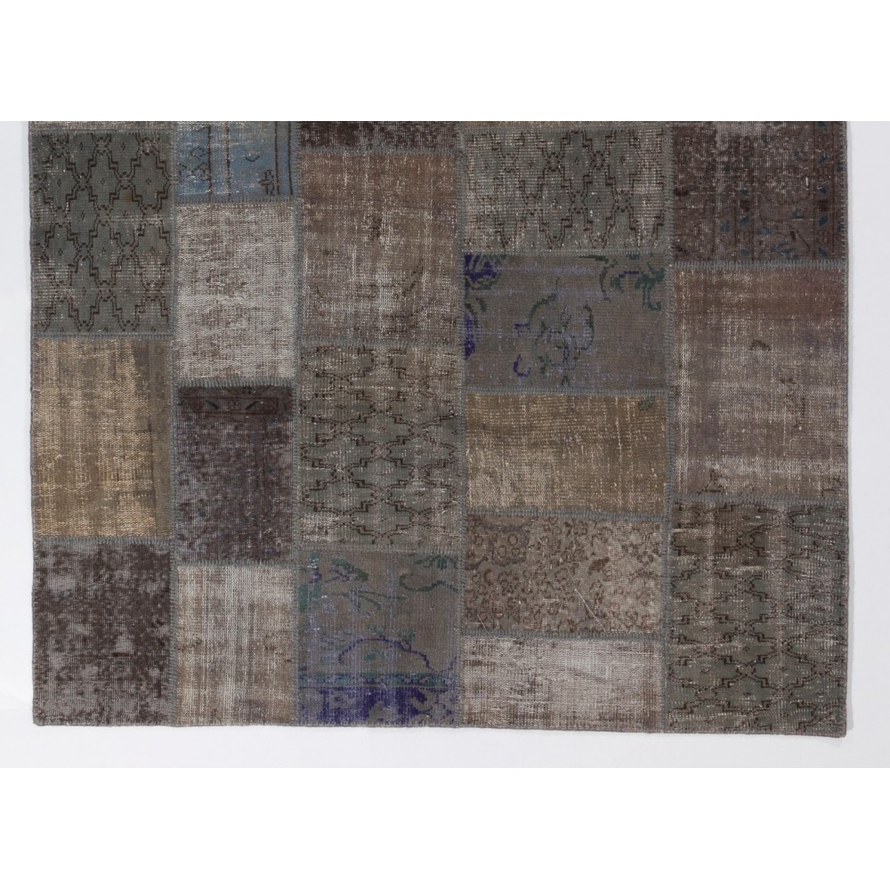 Contemporary Handmade Turkish Patchwork Rug in Shades of Gray, Brown and Blue