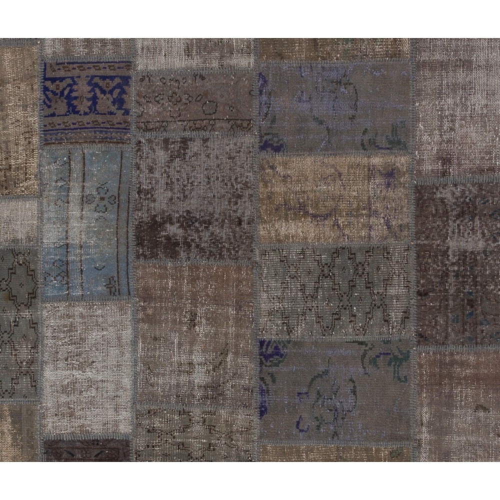 Contemporary Handmade Turkish Patchwork Rug in Shades of Gray, Brown and Blue