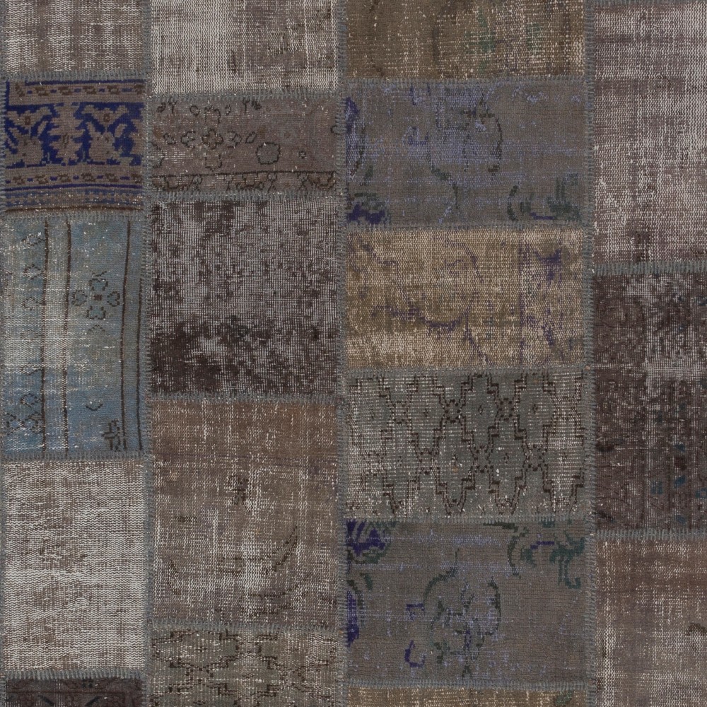 Vintage Gray, Blue and Brown Patchwork Rug | Hand-Knotted Turkish Wool Carpet for Living Room, Home Office and Bedroom Vintage Gray, Blue and Brown Patchwork Rug | Hand-Knotted Turkish Wool Carpet for Living Room, Home Office and Bedroom