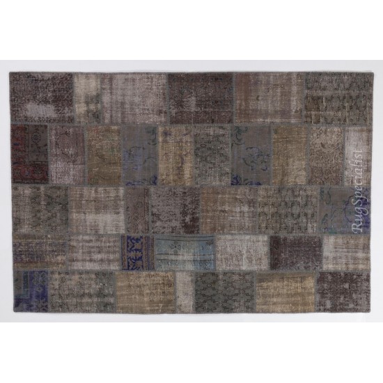 Handmade Central Anatolian Patchwork Rug in Gray & Brown Colors, Traditional Wool Carpet