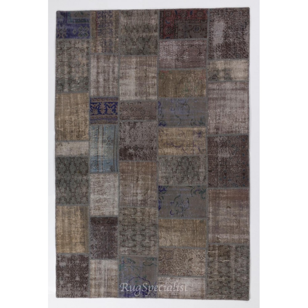 Contemporary Handmade Turkish Patchwork Rug in Shades of Gray, Brown and Blue