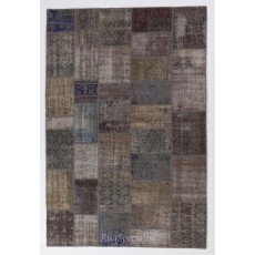 Contemporary Handmade Turkish Patchwork Rug in Shades of Gray, Brown and Blue
