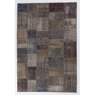 Contemporary Handmade Turkish Patchwork Rug in Shades of Gray, Brown and Blue