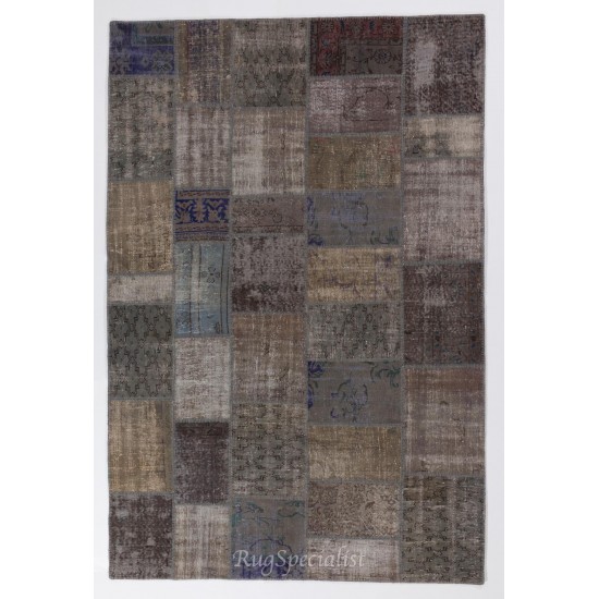 Handmade Central Anatolian Patchwork Rug in Gray & Brown Colors, Traditional Wool Carpet