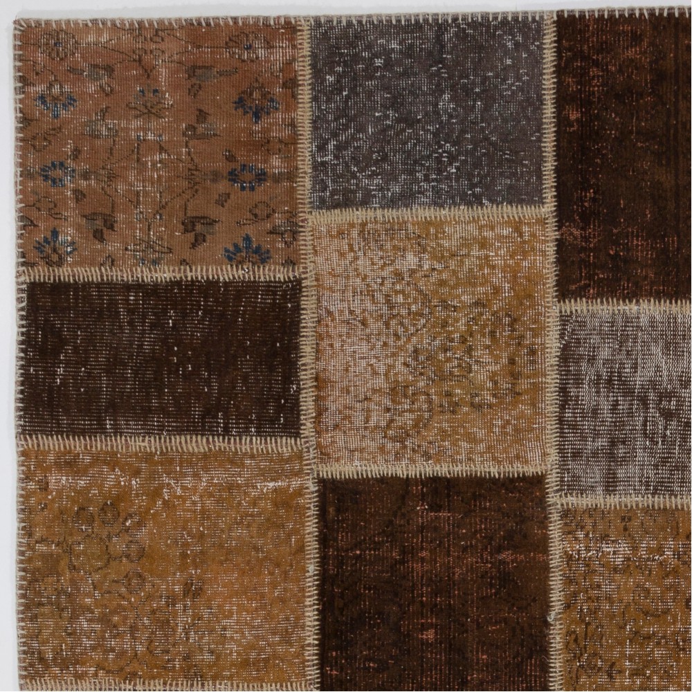 Hand-Knotted Brown Patchwork Rug | Modern Turkish Overdyed Carpet for Living Room, Nursery and Entryway Hand-Knotted Brown Patchwork Rug | Modern Turkish Overdyed Carpet for Living Room, Nursery and Entryway