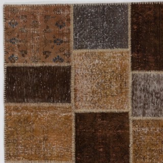 Hand-Knotted Brown Patchwork Rug | Modern Turkish Overdyed Carpet for Living Room, Nursery and Entryway Hand-Knotted Brown Patchwork Rug | Modern Turkish Overdyed Carpet for Living Room, Nursery and Entryway