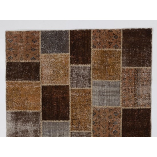 Contemporary Handmade Central Anatolian Patchwork Rug in Brown Colors, Traditional Wool Carpet