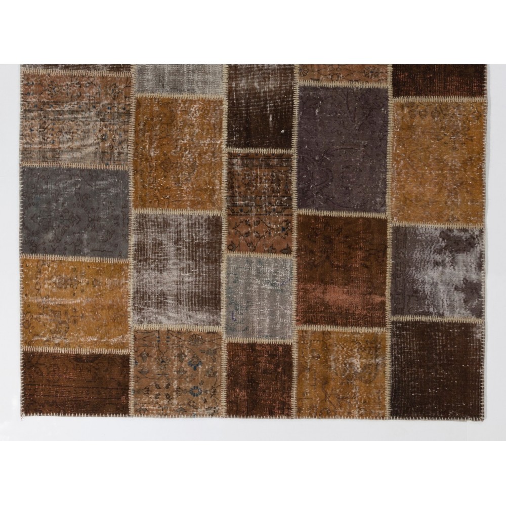 Modern Patchwork Rug in Shades of Brown and Gray, Handmade Turkish Wool Carpet
