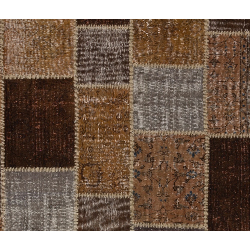 Modern Patchwork Rug in Shades of Brown and Gray, Handmade Turkish Wool Carpet