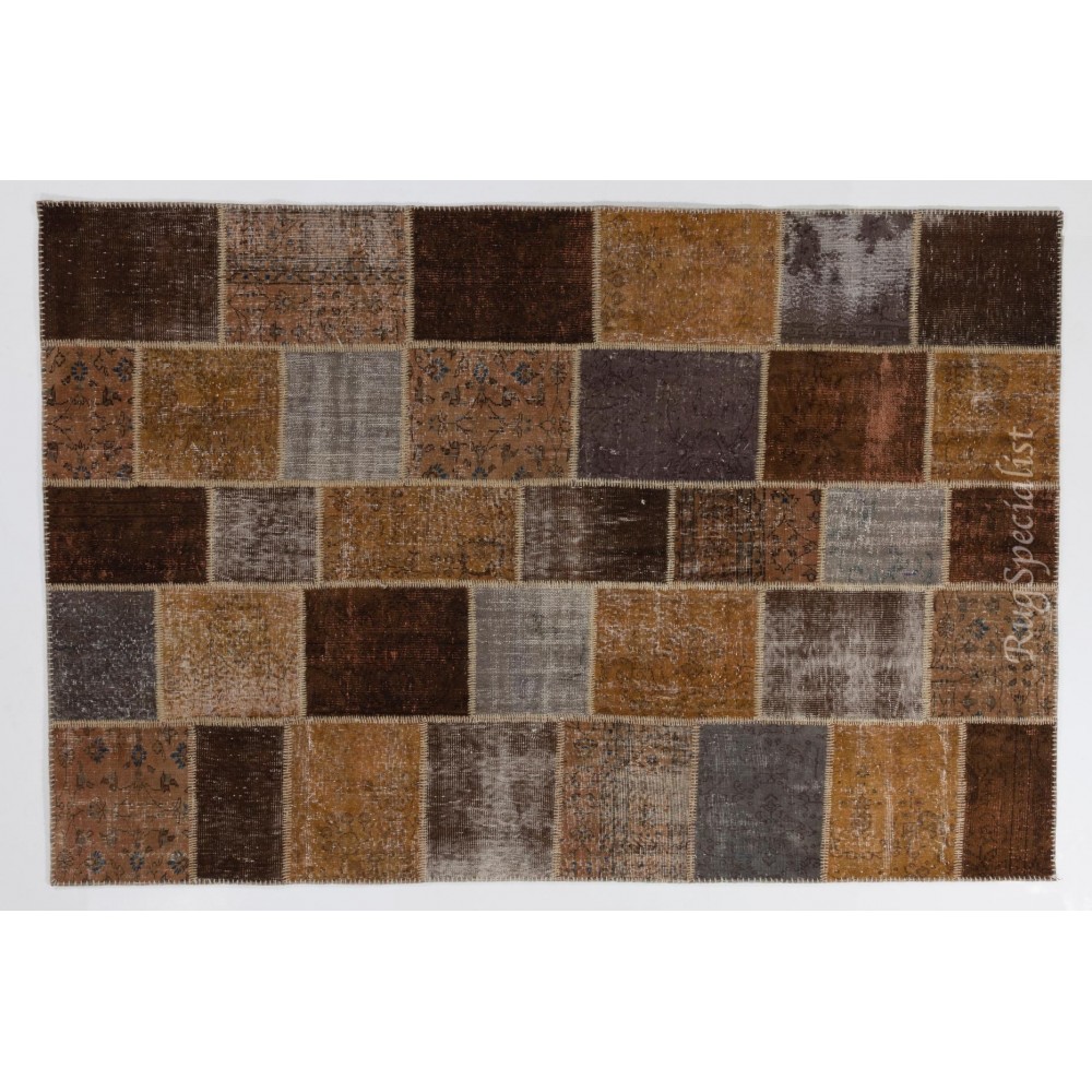 Modern Patchwork Rug in Shades of Brown and Gray, Handmade Turkish Wool Carpet