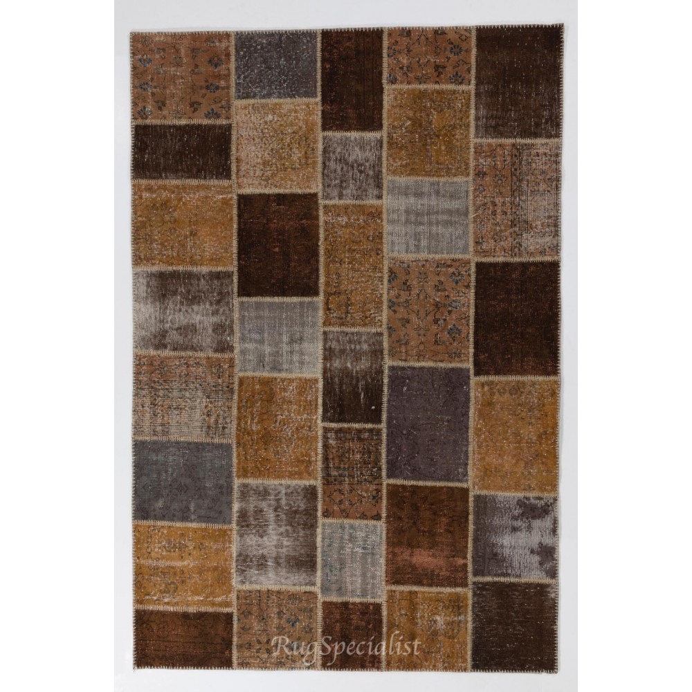 Modern Patchwork Rug in Shades of Brown and Gray, Handmade Turkish Wool Carpet