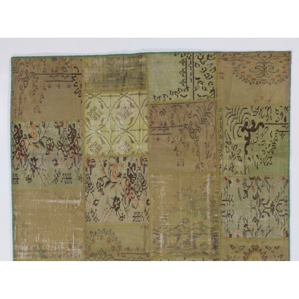 Modern Handmade Turkish Patchwork Rug in Army Green, Light Green and Moss Green Colors