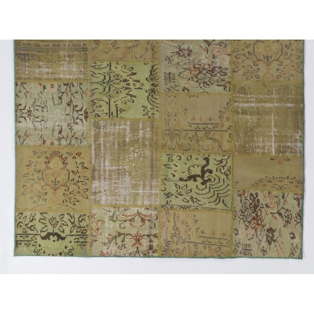 Modern Handmade Turkish Patchwork Rug in Army Green, Light Green and Moss Green Colors