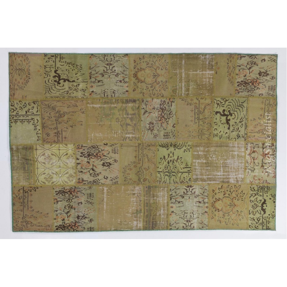 Modern Handmade Turkish Patchwork Rug in Army Green, Light Green and Moss Green Colors