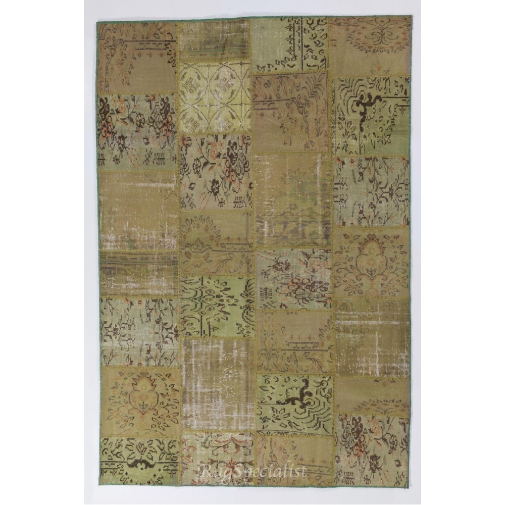 Modern Handmade Turkish Patchwork Rug in Army Green, Light Green and Moss Green Colors