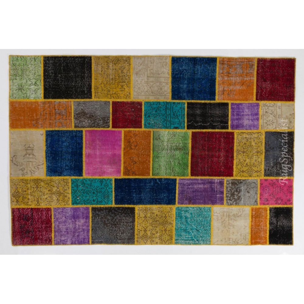 Vibrant and Colorful Patchwork Rug. Modern Handmade Bohemian Eclectic Carpet