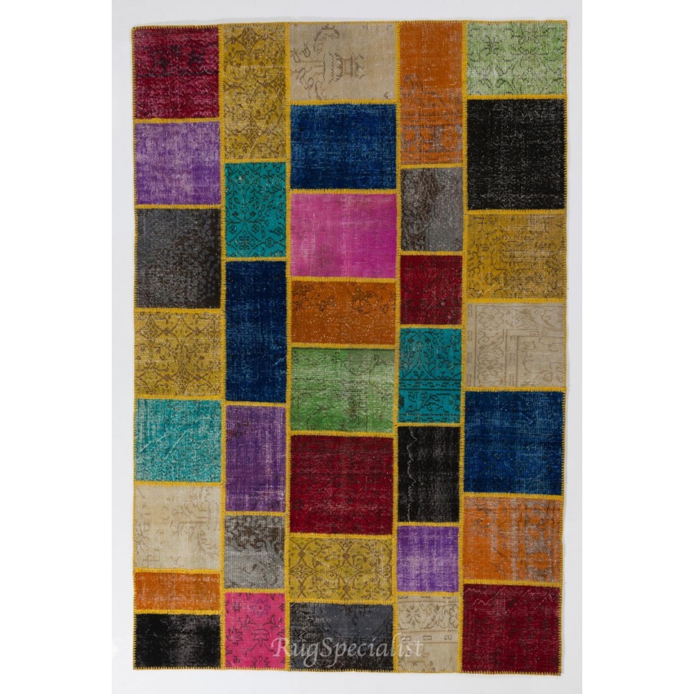 Vibrant and Colorful Patchwork Rug. Modern Handmade Bohemian Eclectic Carpet