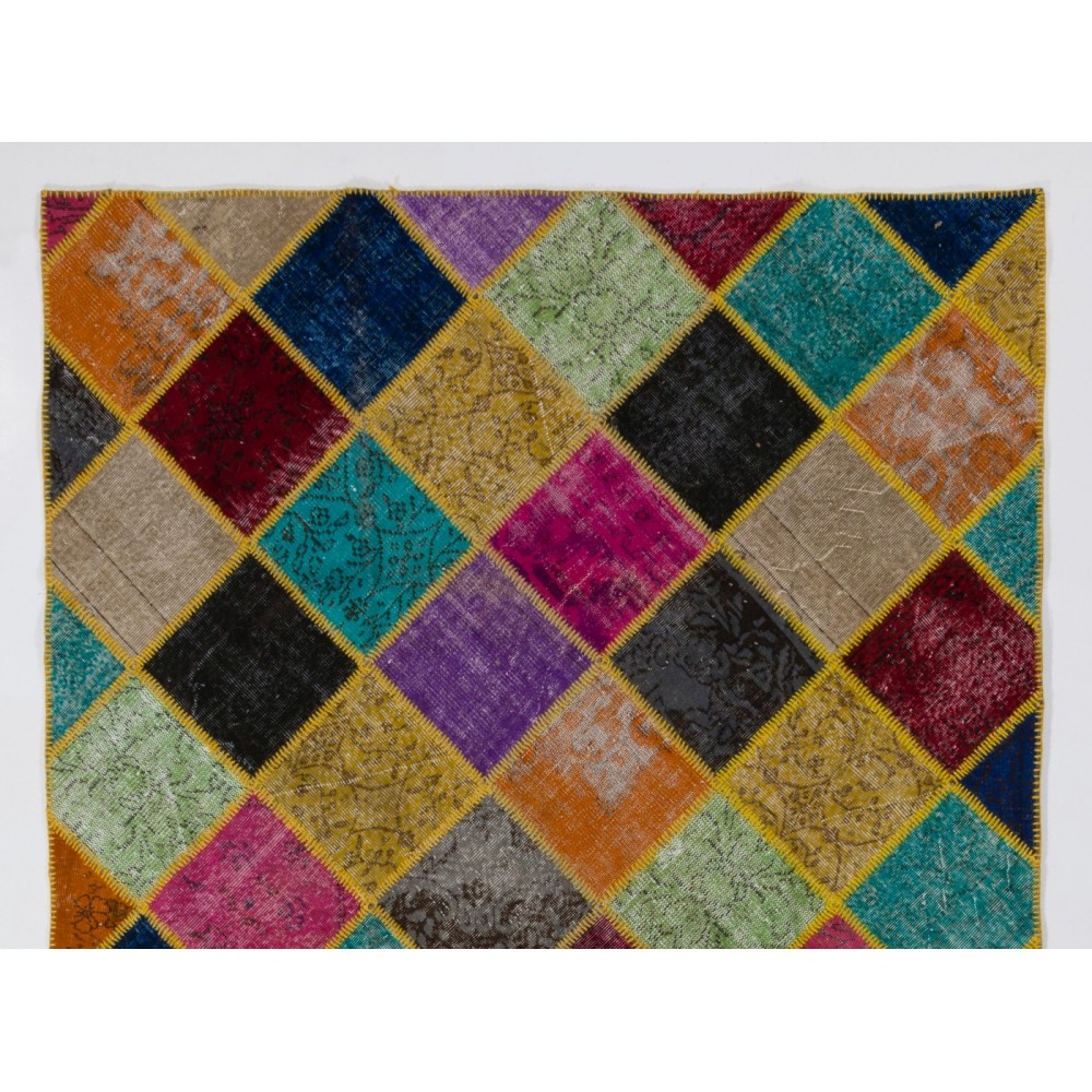 Vibrant and Colorful Patchwork Rug. Modern Handmade Bohemian Eclectic Style Carpet