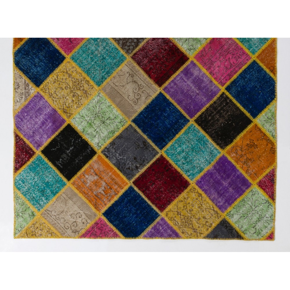 Vibrant and Colorful Patchwork Rug. Modern Handmade Bohemian Eclectic Style Carpet