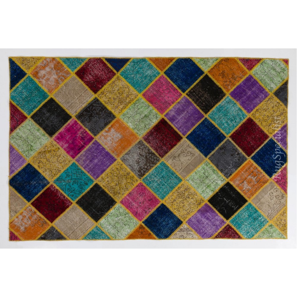 Vibrant and Colorful Patchwork Rug. Modern Handmade Bohemian Eclectic Style Carpet