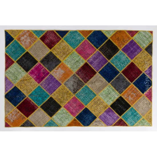Colorful Handmade Turkish Patchwork Rug for Contemporary Interiors, Bohemian Style Wool Carpet