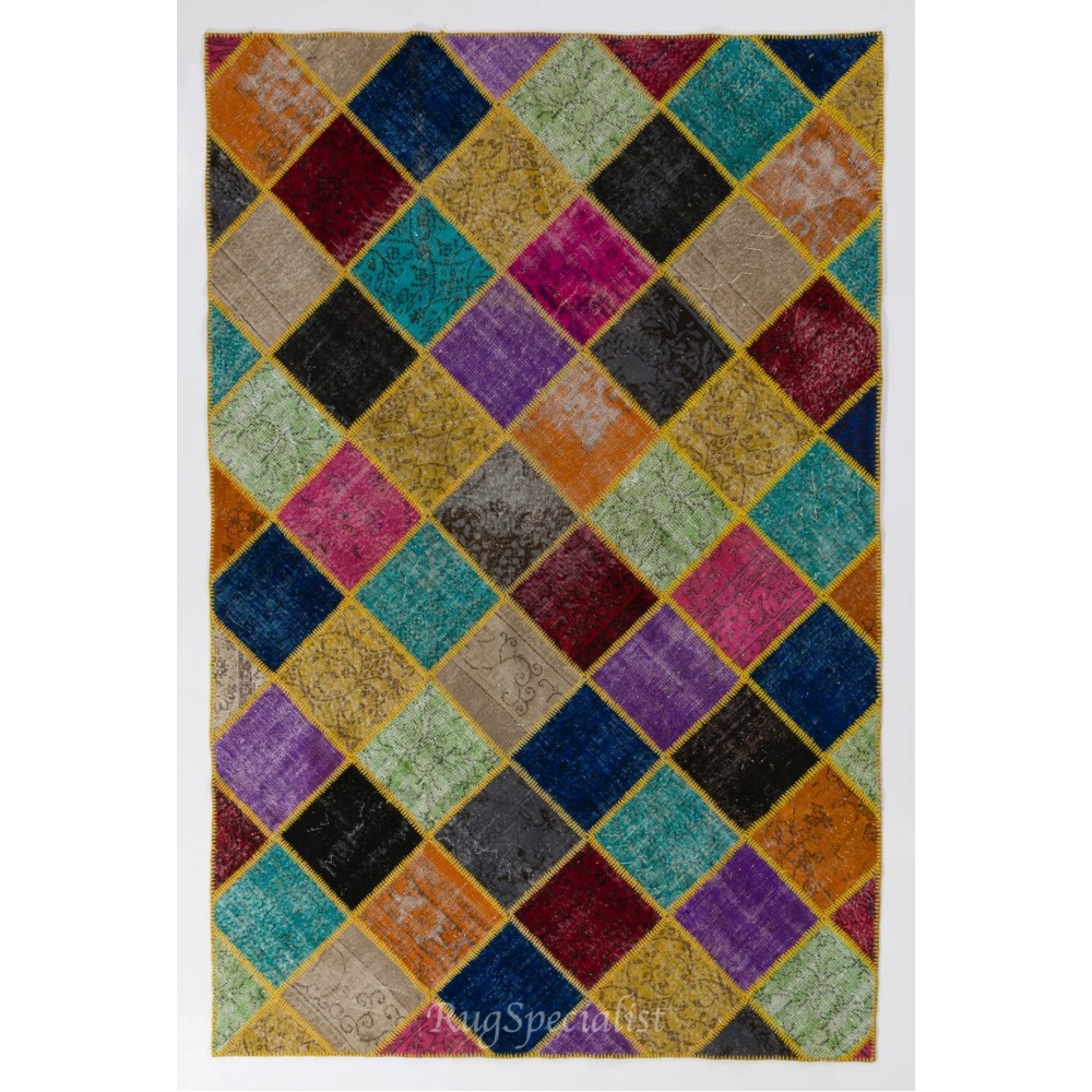 Vibrant and Colorful Patchwork Rug. Modern Handmade Bohemian Eclectic Style Carpet